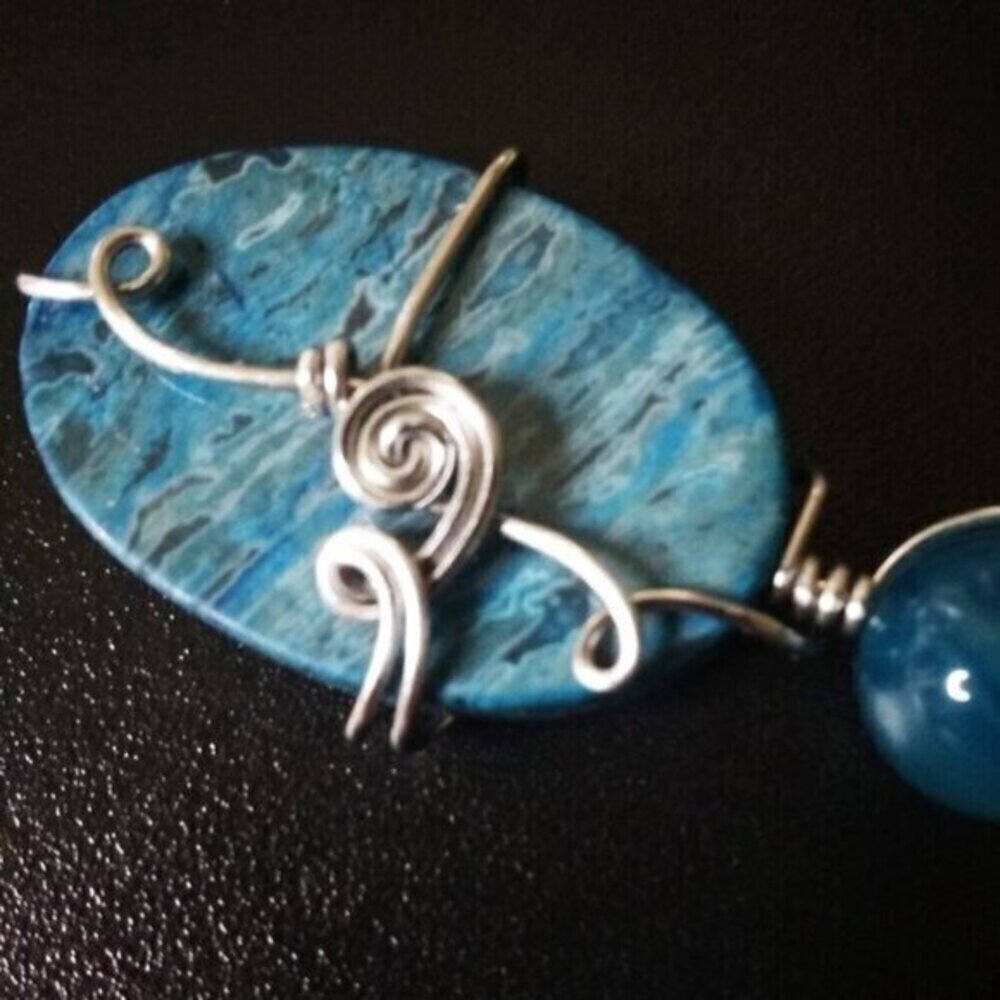 Blue Crazy Lace Agate & Banded Blue Agate ~ Wire Wrapped! Stacked Stone Pendant - Picture 7 of 14